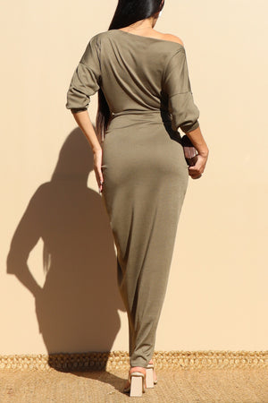 DD7528, OFF SHOULDER KNIT RUCHED BODYCON DRESS