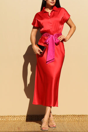 DD6606, BELTED SATIN LONG DRESS
