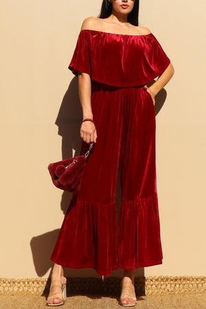 DD4926, OFF SHOULDER VELVET JUMPSUIT