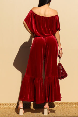 DD4926, OFF SHOULDER VELVET JUMPSUIT
