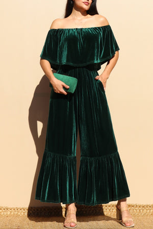 DD4926, OFF SHOULDER VELVET JUMPSUIT