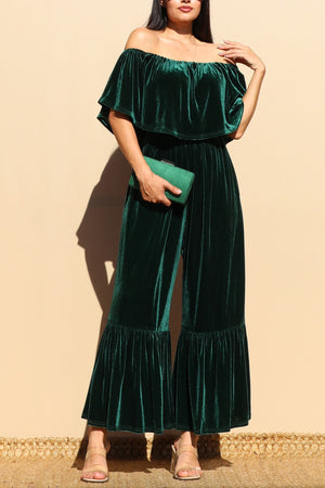 DD4926, OFF SHOULDER VELVET JUMPSUIT