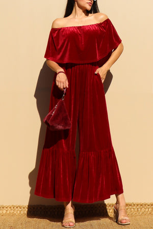 DD4926, OFF SHOULDER VELVET JUMPSUIT
