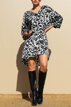 DD3198, PRINTED V NECK SATIN MINI DRESS