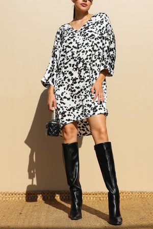 DD3198, PRINTED V NECK SATIN MINI DRESS