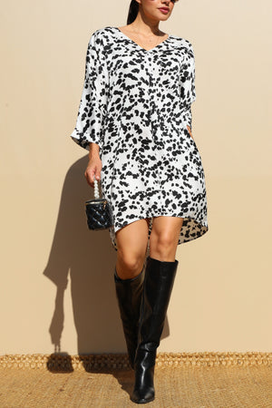 DD3198, PRINTED V NECK SATIN MINI DRESS