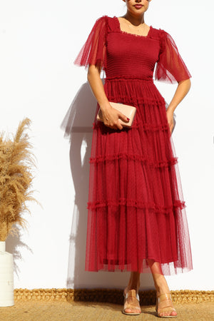 DD4649, RUFFELD MESH LONG DRESS