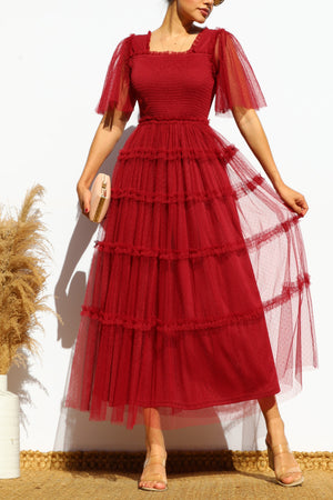DD4649, RUFFELD MESH LONG DRESS