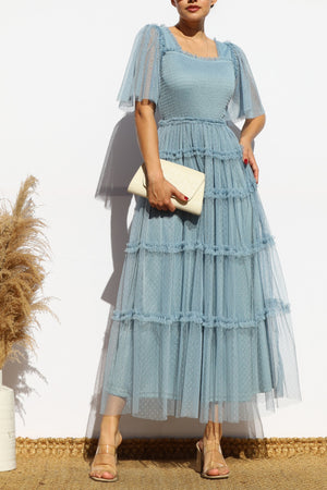 DD4649, RUFFELD MESH LONG DRESS