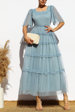 DD4649, RUFFELD MESH LONG DRESS