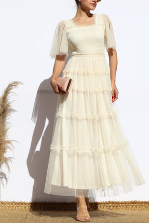 DD4649, RUFFELD MESH LONG DRESS