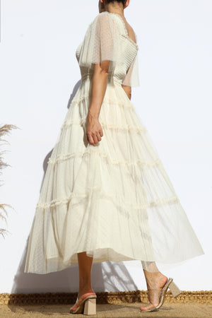 DD4649, RUFFELD MESH LONG DRESS