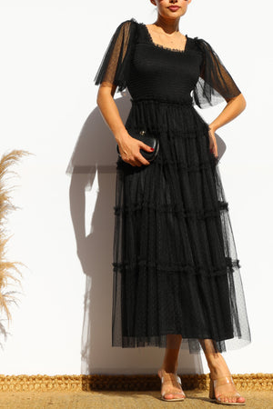 DD4649, RUFFELD MESH LONG DRESS