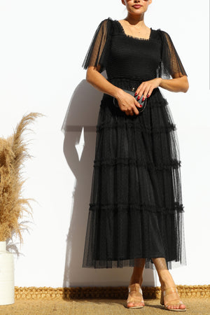 DD4649, RUFFELD MESH LONG DRESS
