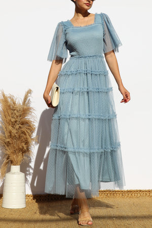 DD4649, RUFFELD MESH LONG DRESS