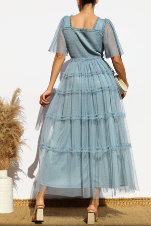 DD4649, RUFFELD MESH LONG DRESS