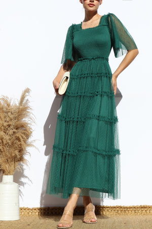 DD4649, RUFFELD MESH LONG DRESS
