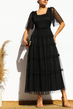 DD4649, RUFFELD MESH LONG DRESS
