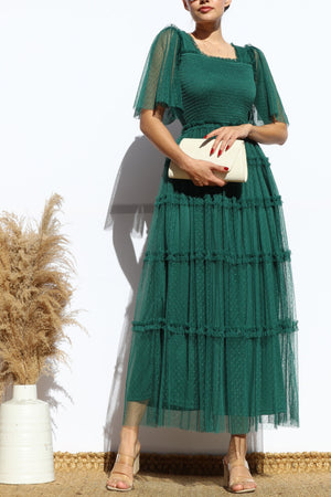 DD4649, RUFFELD MESH LONG DRESS