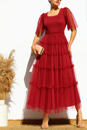 DD4649, RUFFELD MESH LONG DRESS