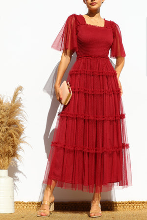 DD4649, RUFFELD MESH LONG DRESS