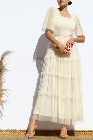 DD4649, RUFFELD MESH LONG DRESS