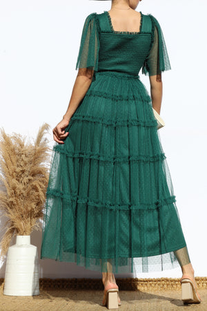 DD4649, RUFFELD MESH LONG DRESS