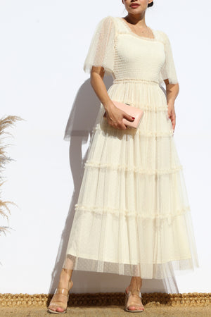 DD4649, RUFFELD MESH LONG DRESS