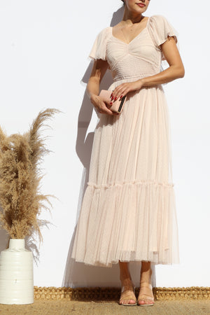 DD7791, FLUTTER SLEEVES MESH RUFFLED MIDI DRESS