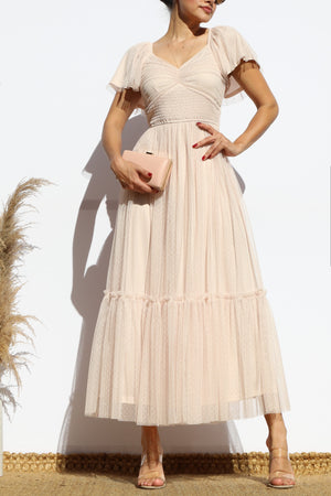 DD7791, FLUTTER SLEEVES MESH RUFFLED MIDI DRESS