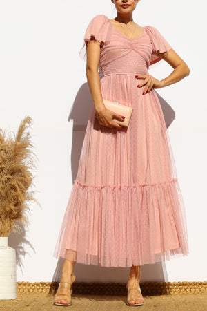 DD7791, FLUTTER SLEEVES MESH RUFFLED MIDI DRESS