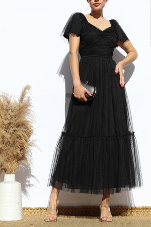 DD7791, FLUTTER SLEEVES MESH RUFFLED MIDI DRESS