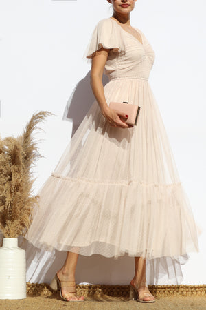 DD7791, FLUTTER SLEEVES MESH RUFFLED MIDI DRESS