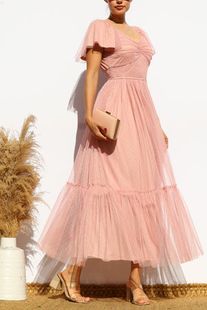 DD7791, FLUTTER SLEEVES MESH RUFFLED MIDI DRESS