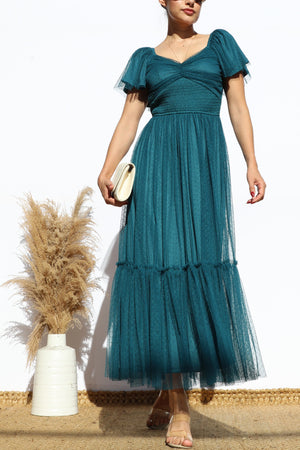 DD7791, FLUTTER SLEEVES MESH RUFFLED MIDI DRESS