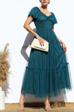 DD7791, FLUTTER SLEEVES MESH RUFFLED MIDI DRESS