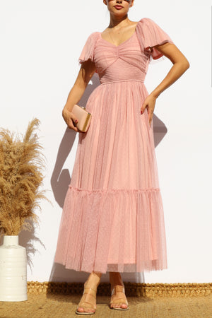 DD7791, FLUTTER SLEEVES MESH RUFFLED MIDI DRESS