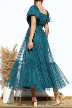 DD7791, FLUTTER SLEEVES MESH RUFFLED MIDI DRESS