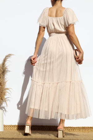 DD7791, FLUTTER SLEEVES MESH RUFFLED MIDI DRESS