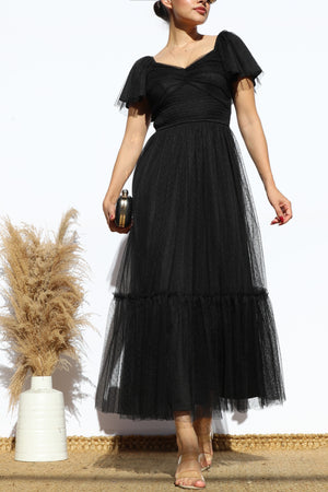 DD7791, FLUTTER SLEEVES MESH RUFFLED MIDI DRESS