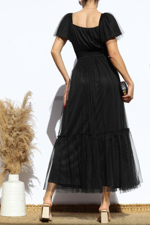 DD7791, FLUTTER SLEEVES MESH RUFFLED MIDI DRESS