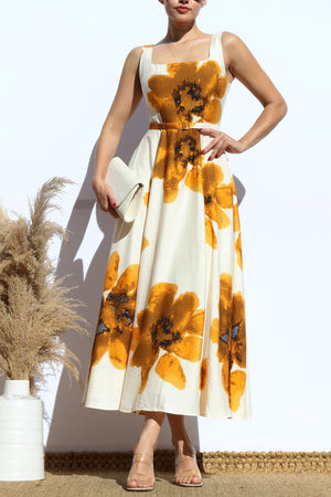 DD8107, PRINTED SQUARE NECK MIDI DRESSES