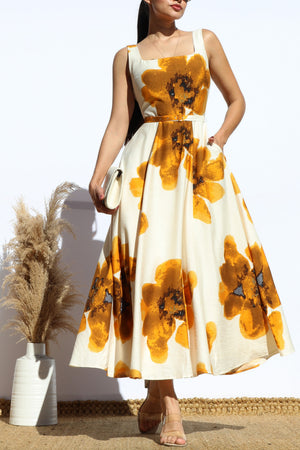 DD8107, PRINTED SQUARE NECK MIDI DRESSES