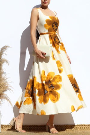 DD8107, PRINTED SQUARE NECK MIDI DRESSES