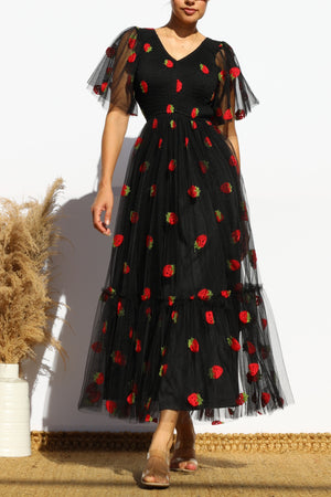 DD7952, STRAWBERRY SMOCKED TOP MESH MIDI DRESS