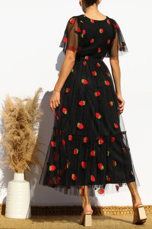 DD7952, STRAWBERRY SMOCKED TOP MESH MIDI DRESS