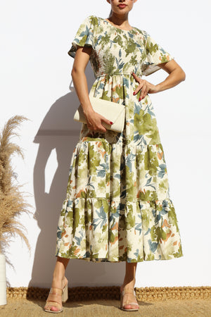 DD7922, SMOCKED TOP WOVEN TIERED MIDI DRESS