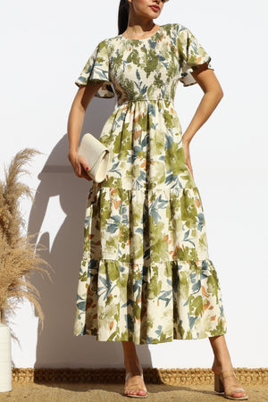 DD7922, SMOCKED TOP WOVEN TIERED MIDI DRESS