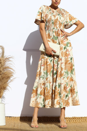 DD7922, SMOCKED TOP WOVEN TIERED MIDI DRESS