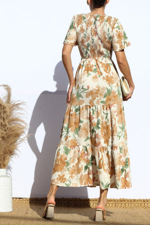 DD7922, SMOCKED TOP WOVEN TIERED MIDI DRESS